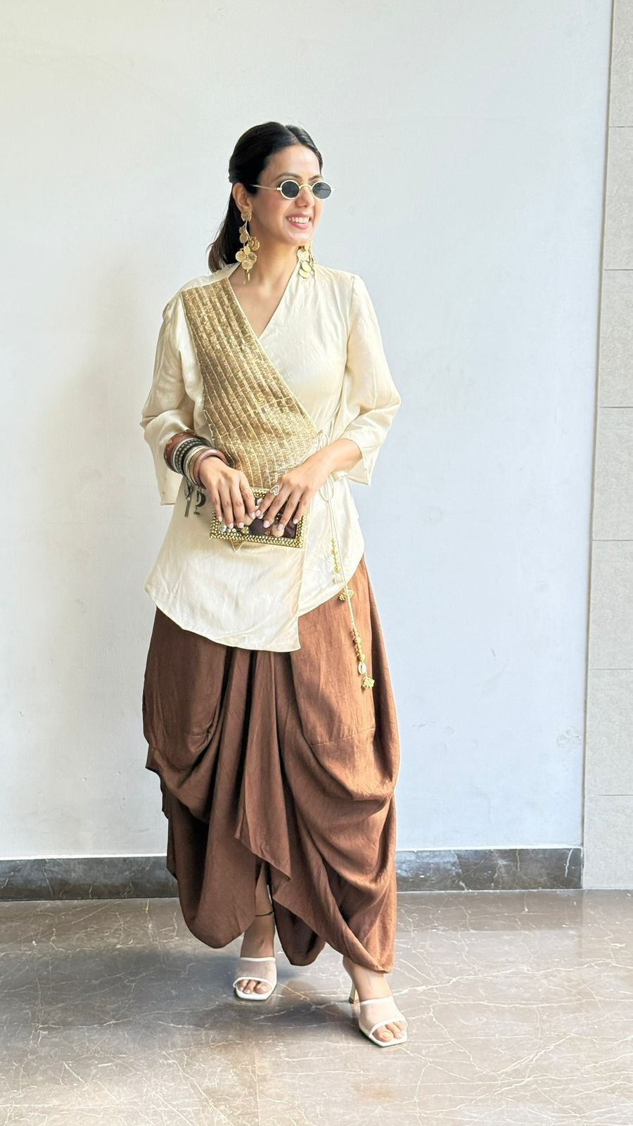 Gilded gold Angrakha wrap tunic with draped earth dhoti trousers