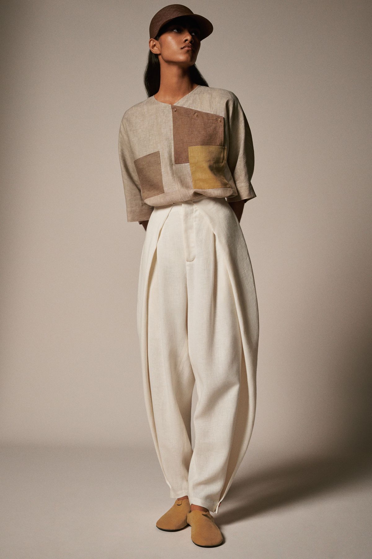 Earth tone block patchwork linen tunic with sculpted pleat trousers