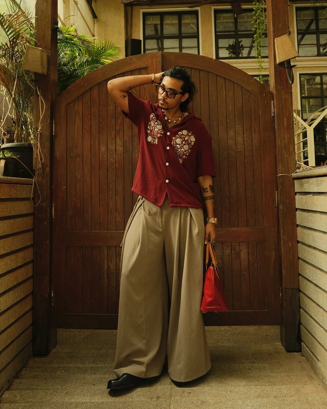 Terracotta camp collar resort shirt with floral chest embroidery