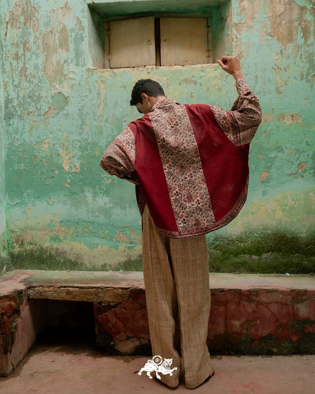 Artisanal Kalamkari back-panel shirt with raw jute handloom trousers