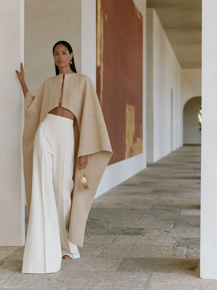 Handloom architectural cape with high-waisted fluid ivory palazzo