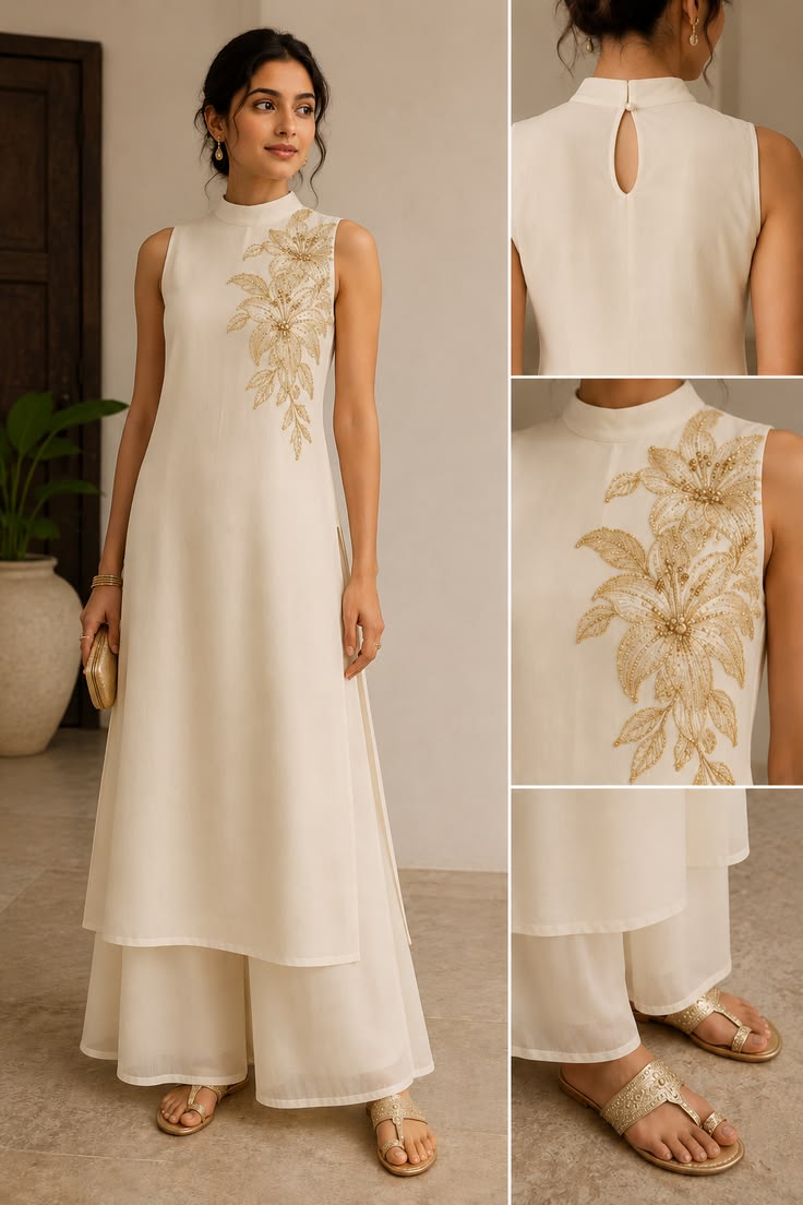 Butter A-line top with parallel pant and gold floral embroidery