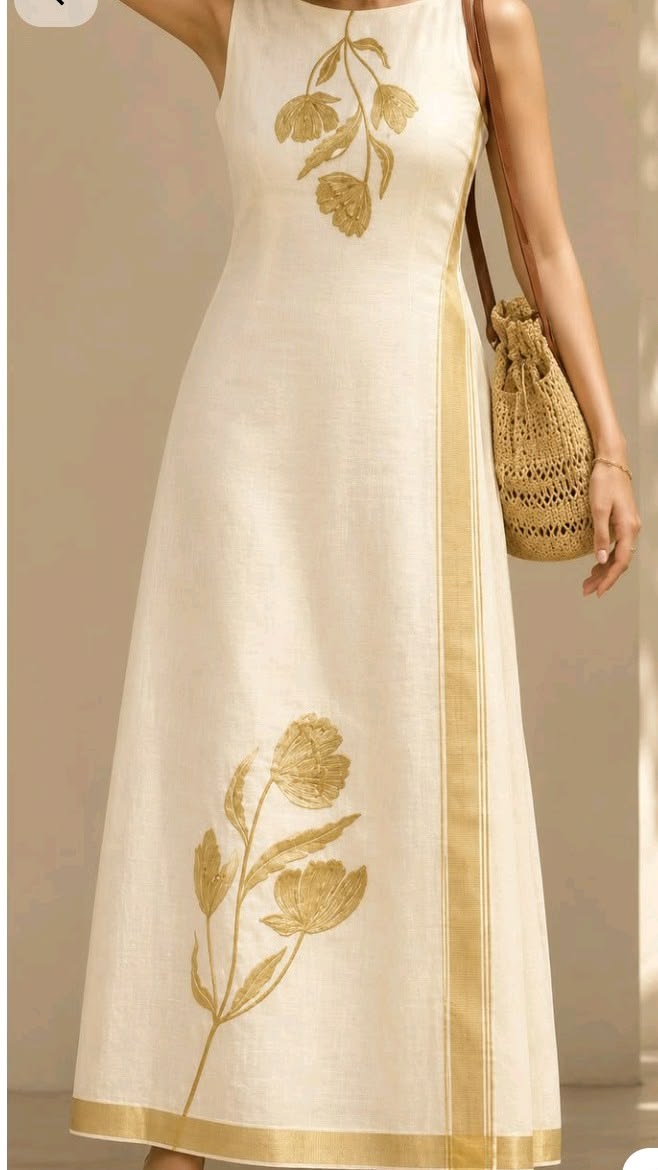 Butter sleeveless handloom frock with gold kasavu border