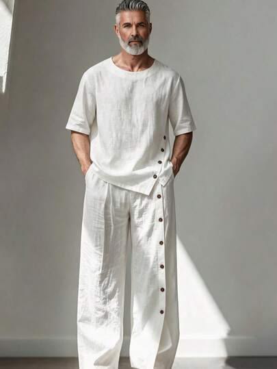 Butter mens casual top and bottom set with button details