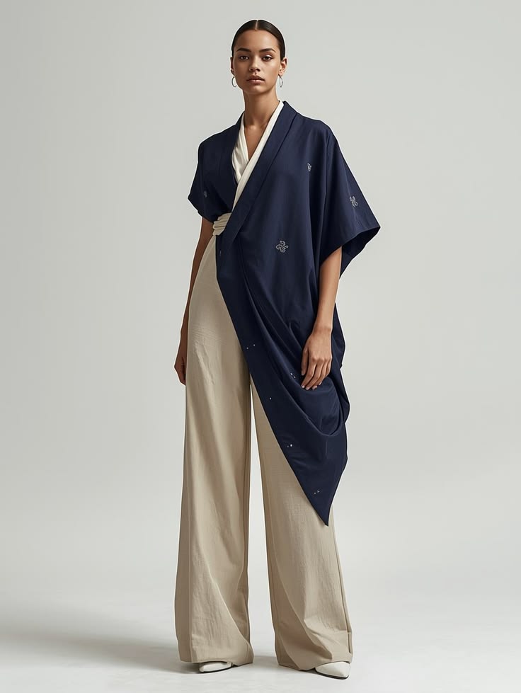 Midnight navy kimono wrap tunic with sand-tone wide palazzo trousers